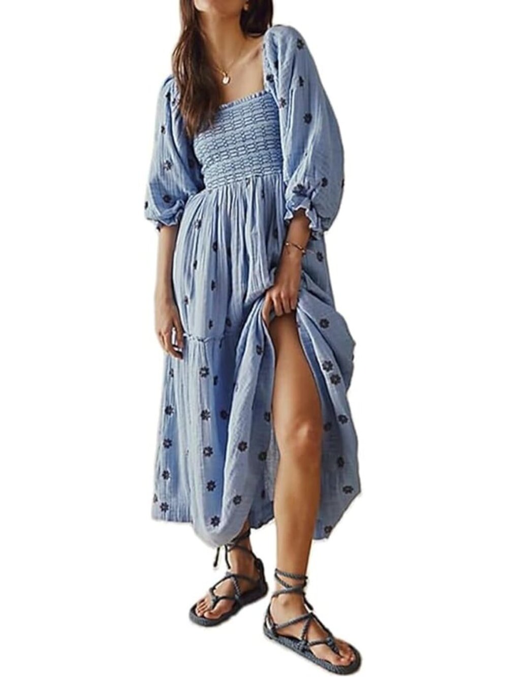 Women Floral Embroidered Maxi Dress Long Puff Sleeve Square Neck Bohemian Flowy